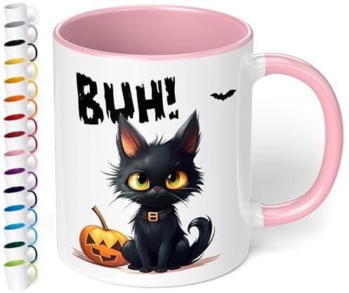 True Statements Halloween Keramik-Tasse „BUH! Schwarze Katze“ – ca. 330ml –Kaffeebecher mit Spruch, kleines gruseliges Geschenk (Rosa)