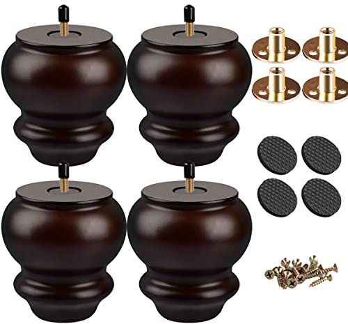Btowin 4 Inch / 10cm Solid Wood Furniture Legs, 4Pcs Mid-Century Modern Walnut Turned Wooden Bun Feet with Threaded M8 Hanger Bolts & Mounting Plate & Screws for Sofa Couch Armchair Cabinet Recliner
