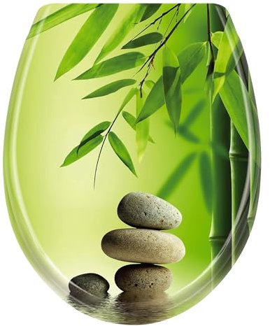 YUENFONG WC Deckel WC Sitz mit Absenkautomatik, Toilettensitz Toilettendeckel aus Duroplast, Fast Fix/Schnellbefestigung, inkl. Montagematerial(Bambus Steine)