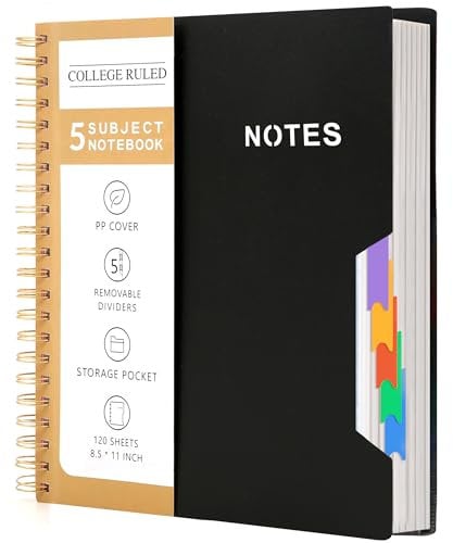 CAGIE A4 Notizbuch mit Register Liniert Spiralbindung 240 Seiten (120 Blatt) Klein Spirale Notizblock Block mit Register für Arbeit Office Schule College Essentials, Schwarz, 24.5x 28.5 cm