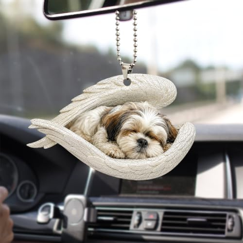 Talataca Lhasa Apso - Espejo retrovisor plano 2D con diseño de ala de ángel durmiente, accesorio para espejo retrovisor de coche, adorno para árbol de Navidad, colgante para colgar en el interior,