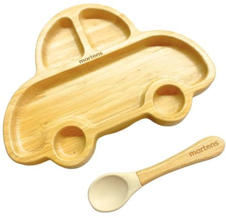 Martons Hochwertiges Bambus Teller mit Saugnapf, Rutschfestem mit passendem Baby Löffel, Geschirr Set mit schöne Geschenkbox, universal Beige farbe