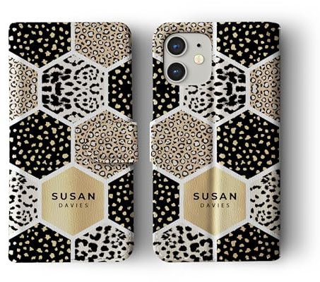 Tirita Pesonalised Wallet Flip Phone Case Compatible with iPhone 14, with card pockets, synthetic leather - Animal Print Gold Cheetah Cat Collage