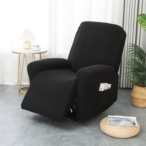 Hearda Housse de Fauteuil Relax Inclinable Electrique, Jacquard Noir Housse pour Canapé Relax, Élastique Housse de Fauteuil Extensible 4 Pièces avec Poches