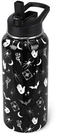 Goth Water Bottle with Straws Insulated Bottle Halloween Gothic Bats Travel Thermal Double Walled Vacuum Cup Leak Proof Stainless Steel Tumbler Witchy Decor Gifts-32 oz
