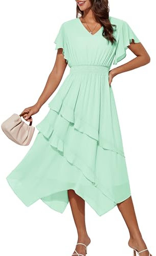GRACE KARIN Ladies Ruffles Dress Summer Solid Color Loose Smocked Dresses XXL Light Green
