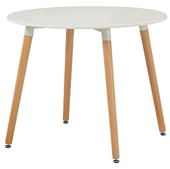 Mid Century Moderner runder Esstisch, weißer Küchentisch, 90 cm, Tischplatte, Freizeit-Couchtisch mit Massivholzbeinen, 90 cm Durchmesser