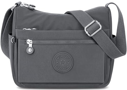 KTUEOV Umhängetasche Damen Mittelgroß, Leicht Schultertasche Damen aus Nylon Wasserdicht Crossbody Bag Verstellbare Breiter Gurt, Tasche mit 10 Vielen Fächern für Einkaufen Reisen Schule-Dunkelgrau