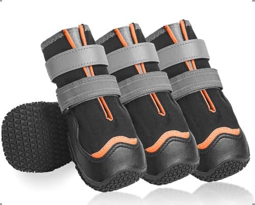 OHCOZZY Wasserdicht Hundeschuhe, Anti-Rutsch Hundestiefel mit reflektierenden Riemen, Verschleißfeste Gummisohle Hundeschuhe Pfotenschutz fürkleine, Mittlere und Große Hunde 4 Stück(L, Orange)