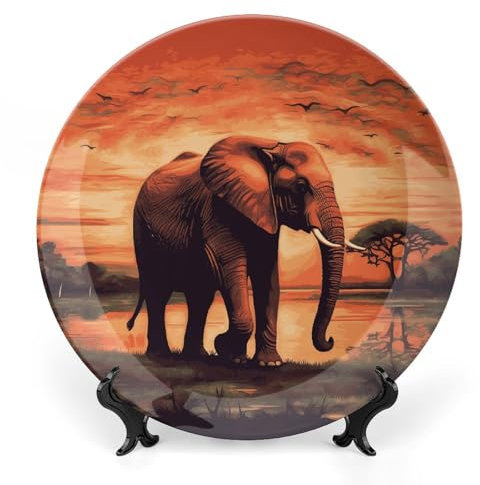 MNVTSKOP Bone China Decorative Plate Sunset Elephant Ceramic Decorative Plates With Display Stand Ceramic Ornament Plates Round Dinner Plates Porcelain Display Dishes 10inch