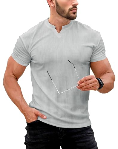 Lehmanlin T-Shirt à Manches Longues et Courtes pour Homme, Coupe Ajustée, Col en V, Haut Athlétique Décontracté, Extensible et Côtelé