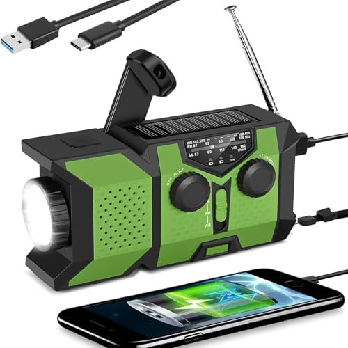Vtizikl Solar Radio, Wind Up AM/FM Radio, Emergency Hand Crank Radio, Weather Radio with LED Bright Flashlight, 2000mAh Power Bank, SOS Alarm for Outdoor, Camping, Charging (Green)