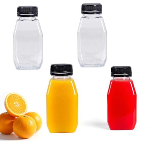 QQdou Plastic Juice Bottles, 4Pcs 280ML /9.47OZ Small Juice Bottle with Lids, Reusable Milk Containers for Mini Fridge, Clear Empty Travel Size, Smoothie Bottle for Storing Homemade Beverages