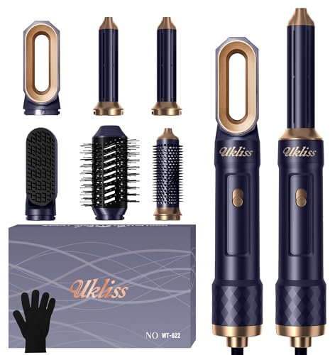 UKLISS Haartrockner & Haarstyler 6 in 1, Multistyler Haarföhn Set mit Luft Lockenstab Automatisch, Rundbürstenföhn, Thermal Brush, Hair Dryer, Warmluftbürste für Föhnen, Volumen, Locken - Blau