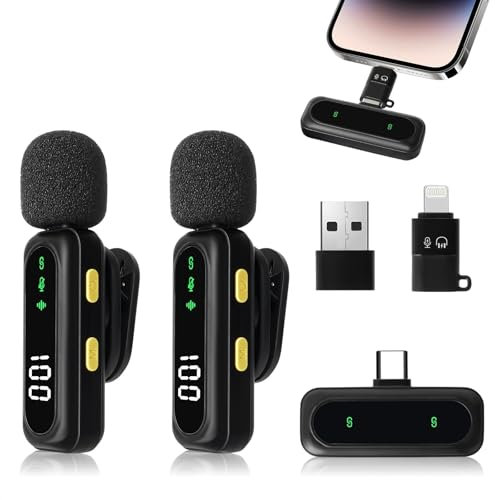 Monemey Microfono Lavalier Wireless per iPhone, iPad, Android, Microfono Wireless per Porta Type-C/Lightning/USB, Mini Microfono Plug-play per Registrazione Video, Live, Intervista, YouTube, TikTok