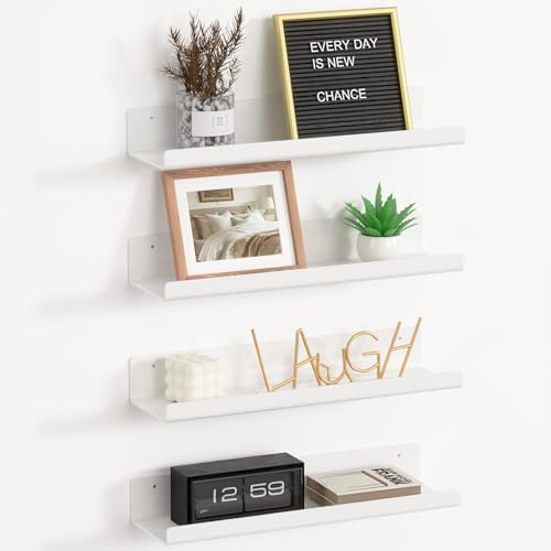 RICHER HOUSE 4 Pack White Acrylic Floating Shelves for Wall, 15x4 Wall Mounted Shelf for Vinyl Record Display/Bookcase, Cosmetics/Room Décor//Storage in Bedroom, Office, Kitchen,Bathroom,Nursery