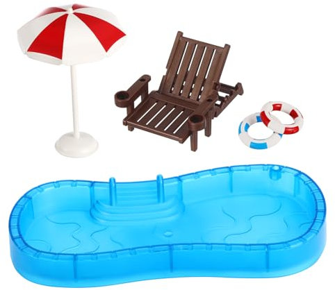 MOLUCKFU 1Satz Miniatur Swimming Pool Modell mit Strandstuhl Schwimmring für Puppenhaus Sommer Dekoration Zubehör für Kreative Spielszenen