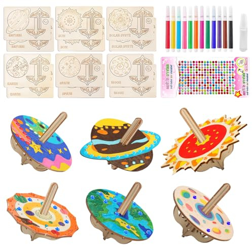 12 Stück Holzkreisel Bastelset,Kreisel Bausatz, Planeten Kreisel aus Holz zum Bemalen für Kreatives DIY Spielzeug für Kinder, 4 5 6 7 8 9 Jahre (Stil 1)