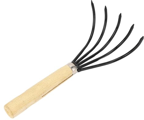 Gartenhand -Rechen 5 Stahlzinken Holzgriff Ergonomische Konstruktion Klauenkultiviererin zum Boden lockerte Boden effizientes Gartenwerkzeug zum Pflanzen von Blumen Gemüse (Kurzer Griff)