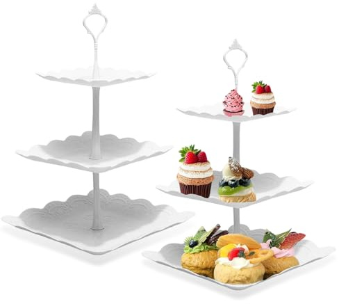DYHNQE 2Pcs 3 Tiers Cake Stand, Plastic Afternoon Tea Stands Square 3-Tier Cupcake Stand White Cup Cake Display Stands for Weddings Birthdays Party Afternoon Tea Party