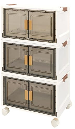 Vertical Box Storage Organizer with individual lids, Plastic Storage Containers with tinted wide opening doors, Stackable Foldable Collapsible Bin, Pack 3