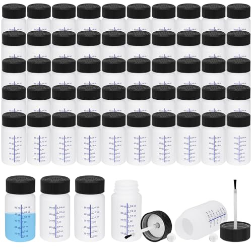 RWFMO 60 Pack 50ml Paint Touch Up Pots with Brushes and Mixing Balls | Plastic Touch Up Bottles Bulk, Measurement Markings, for Car Paint, Furniture Repairs, Pigments and Craft Coatings