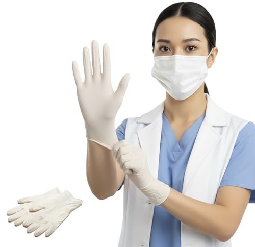 Latex Examination Gloves Powder Free Medium Pack of 100 Non-Sterile | Single use natural rubber, beaded cuff, snug stretch fit, textured grip, bulk box for cleaning, catering, care and workshops