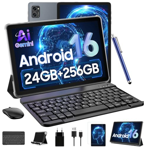 TABWEE T20 10 Inch Android 16 Tablet with Keyboard, Up to 24GB, Gemini AI | Android tablets for work and study: 256GB, 2TB expansion, pen kit, FHD, 5GHz WiFi, T606, Widevine L1, GPS, fast charge