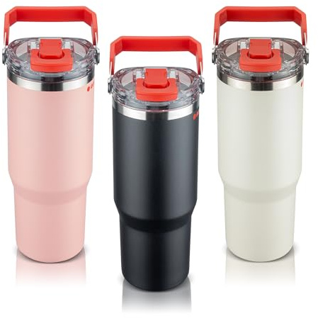 ROTPUNKT Thermobecher Edelstahl 500 ml – mit Strohhalm & Click & Go Trinköffnung, auslaufsicherer Isolierbecher für Kaffee, Tee & Kaltgetränke, BPA-frei, mit klappbarem Tragegriff (Black)