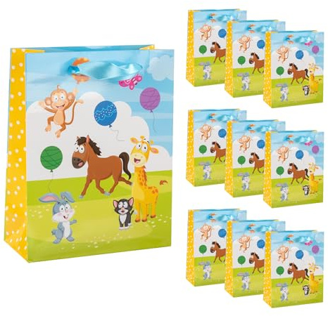 Idena 90530 - Geschenktüten Tiere, 10 Stück, Geschenktaschen in der Größe 18 x 23 x 8 cm, Papiertüten mit buntem Tier-Motiv