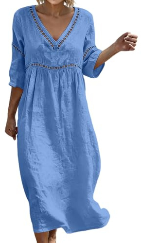 Summer Dresses for Women UK Bohemian 3/4 Sleeve Cotton Dresses Casual Loose Fit Boho Dress Breathable Comfortable Friendly Elegant Style Holiday Beach Travel Everyday Wear