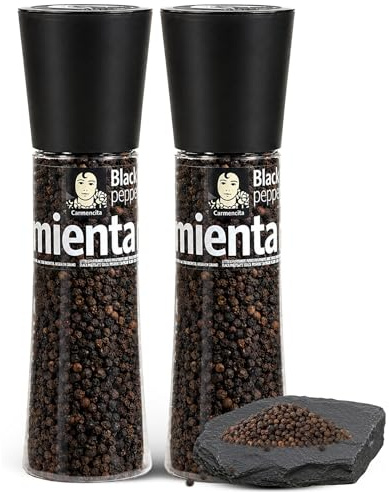 Pimienta Negra Carmencita en grano, Formato molinillo gigante, Para moler al momento y potenciar el sabor debplatos con un toque aromático, cálido y ligeramente picante, Contiene 2 unidades de 190 g