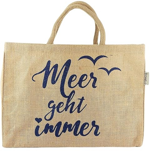 Domelo Jutetasche vegane Einkaufstasche groß Einkaufskörbe bedruckt beige | Leichte Tragetasche 24L Volumen, wasserabweisende Jutetasche Shopper mit Baumwollgriffen, Einkaufskorb mit Reißverschlussfach