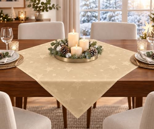 KAMACA Lotus Effekt Tischdecke Magic Stars mit Sternen Motiv - Fleckschutz Flüssigkeiten perlen einfach ab farb- & formstabil stilvoller Glanz für Advent & Weihnachten (Mitteldecke 85x85 cm, Gold)