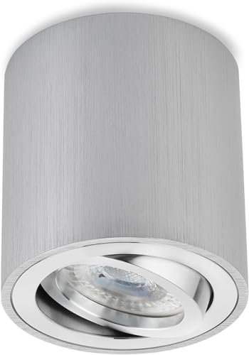 Sweet Led Aufbauspot GU10 7W – Deckenstrahler rund aus Aluminium, silber gebürstet – LED Spot 230V warmweiß – schwenkbar – Aufputz Deckenleuchte inkl. Leuchtmittel