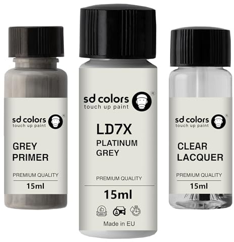 SD COLORS Platingrau LD7X D7X 2R Neuer Ausbesserungslack, 15 ML, Reparaturpinsel, Farbcode LD7X D7X 2R Platingrau (Farbe + Grundierung + Lack)