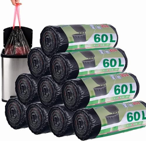 ASelected 200 Stück 50-60L Müllbeutel Mit Zugband, Müllsäcke Mülltüten mit Tragegriff Super Auslaufsicher 10 Rollen, Abfallsack Mit Zugband 60 Liter Groß 71 x 64 cm Schwarz
