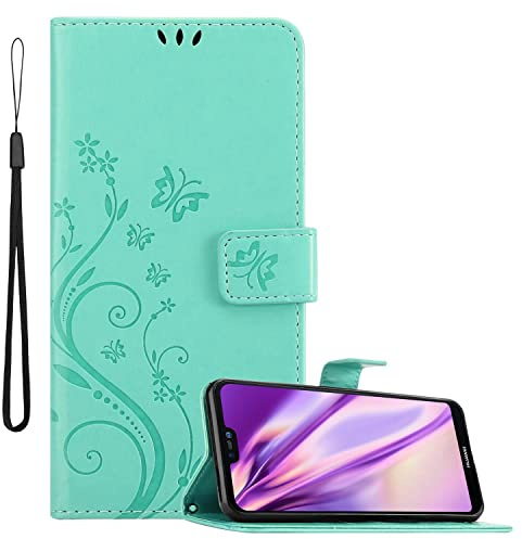 Cadorabo Hülle kompatibel mit Huawei P20 LITE 2018 / NOVA 3E Blumen Design aus Kunst Leder Flip Klappbare Magnetische [Kartenfächern] Cover Hülle für Huawei P20 LITE 2018 / NOVA 3E Tasche in Türkis