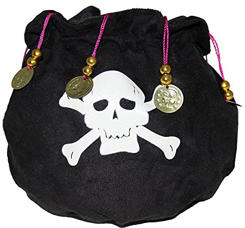Foxxeo schwarzer Piratenbeutel mit Perlen und Goldmünzen Tasche zum Piraten Kostüm
