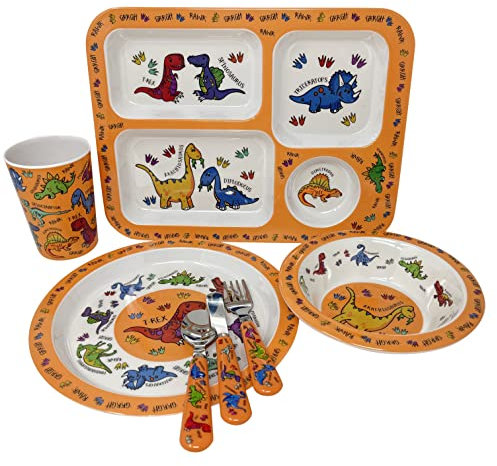HTUK Dinosaur Dinner Set 5 Piece Kids Tableware, Lightweight Premium Dinnerware
