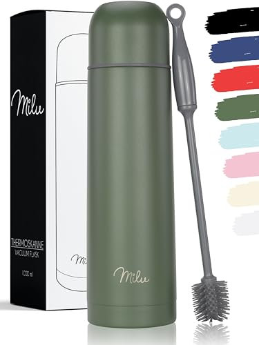 Milu Bouteille isotherme en acier inoxydable - 1L, 750ml, 500ml - Thermo Double Paroi, Sans BPA, Transport Café, Thé, Eau (Vert olive, 750 ml)