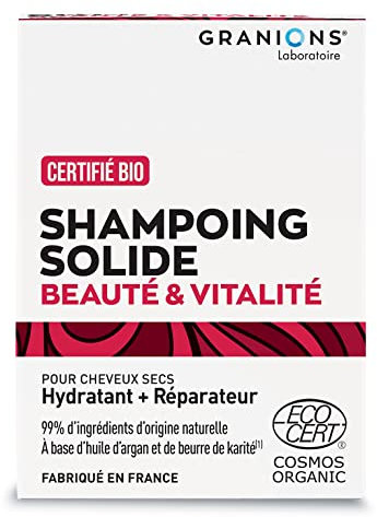 FESTES SHAMPOO BIO-SCHÖNHEIT & VITALITÄT |zertifiziert | Für trockenes Haar | Mit Arganöl | 99% Inhaltsstoffe natürlichen Ursprungs | Granions Französische Marke