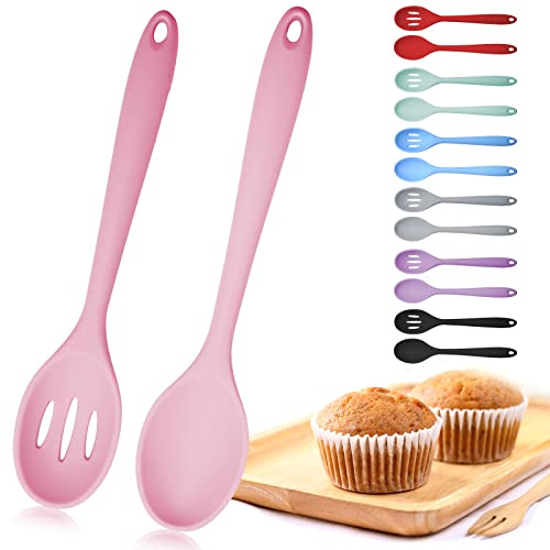Mixing Spoons, Silicone Slotted Spoon, Silicone Spoons for Cooking, Serving Spoons for Mixing, Serving, Draining, Stirring, Dishwasher Safe, Heat-Resistant, Non Stick (Pink)