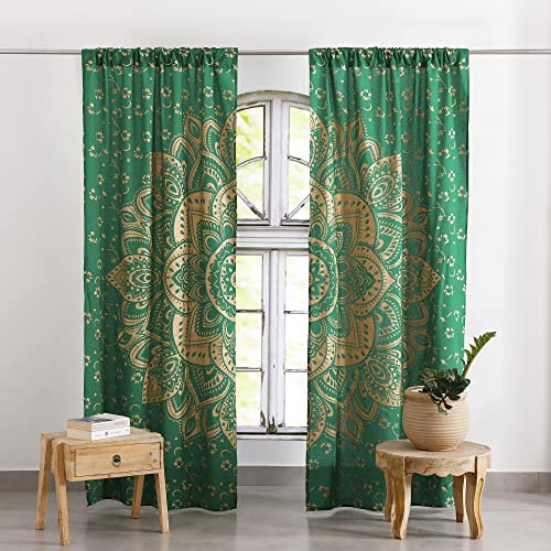 Popular Handicrafts Bedruckte Vorhänge für Wohnzimmer, 2er-Set, indischer Hippie-Stil, Bohemian-Stil, schöne Ombré-Farbe, Mandala-Vorhang für Schlafzimmer, Paneele, Grün/Gold, 214 x 96 cm