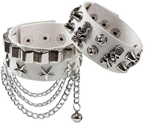 CHOUBAGUAI Schwarzes PU-Leder-Armband, Armband, Gothic, Punk, Quaste, Armbänder für Damen und Herren, Cosplay-Weiß