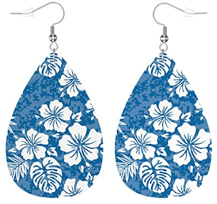 Hawaii-Hibiskus-Ohrringe, tropische Hibiskus-Blumen-Blau-Tarnungs-Leder-Ohrringe für Frauen-Mädchen, tropfenförmige doppelseitige baumelnde leichte Blatt-Ohrringe