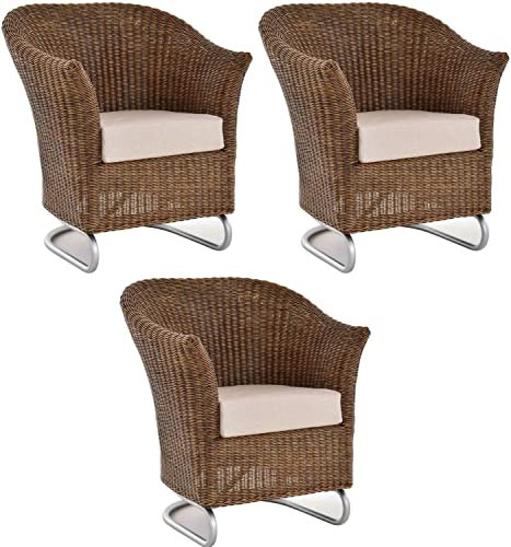 Krines Home Set/3 Wohnzimmersessel Clubsessel Rattan Wipp-Sessel mit Metallfüßen Rattansessel Cocktail (Vintage Braun)
