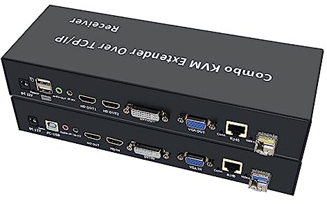 120M HDMI KVM Extender,Multifunctional HDMI/DVI/VGA+USB Fiber Optic Network Cable KVM Extender Support 20KM Fiber Optic Extender Support Standalone Audio USB Keyboard & Mouse Signal Extension 120M