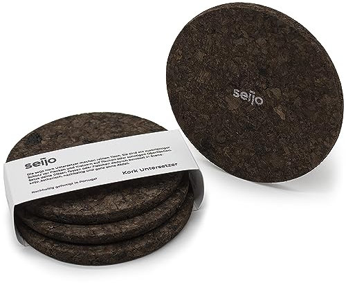 seijo® Kork Untersetzer Premium Design schwarz rund Durchmesser 10cm 4er Set geräuchert hitzebeständig nachhaltig für Gläser, Getränke, Tassen, Dekoration