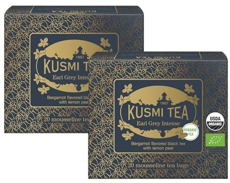 Kusmi Tea - Earl Grey Intense Bio - Lot de 2 boîtes - Earl Grey Biologique Aromatisé à la Bergamote avec des Écorces de Citron - Thé Caféiné - 2x20 Sachets de Thé